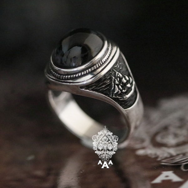 Pirates of the Caribbean ring,The Black Pearl Onyx Ring,Onyx silver Ring,Sterling Silver 925 Black.