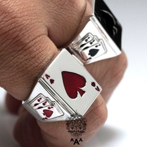 Ace Card Ring, Triple Ace beside, Fashion Men's Silver Ring,925 Sterling Silver,Red Enamel White Gold Plated. image 1