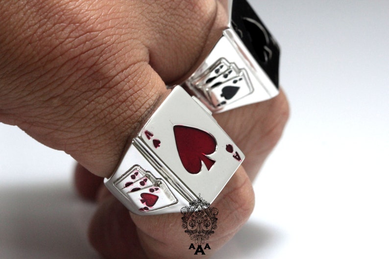 Ace Card Ring, Triple Ace beside, Fashion Men's Silver Ring,925 Sterling Silver,Red Enamel White Gold Plated. image 1