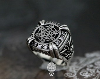 Metatron Cube Ring Silver ring Sacred Geometry ring Ring Sterling Silver 925 Black oxidize.