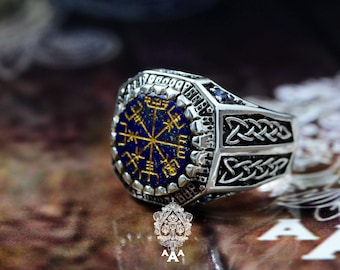 Vegvisir Ring, Das Vegvisir in Lapis Lazuli. Wikinger Schmuck,Sterling Silber 925 schwarz oxidiert.