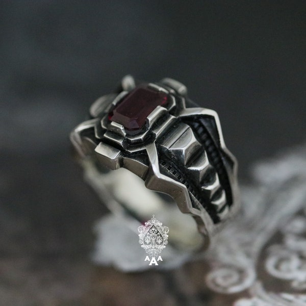 Futuristic ring Futuristic Design ring Sterling Silver 925 ring with Red CZ