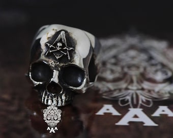 Masonic ring,Masonic skull  ring,skull men ring,Sterling Silver 925 Black oxidize.