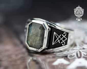 Anillo Sigilo de Lucifer, anillo de labadorita, serie Lucifer, plata de ley  925 negra