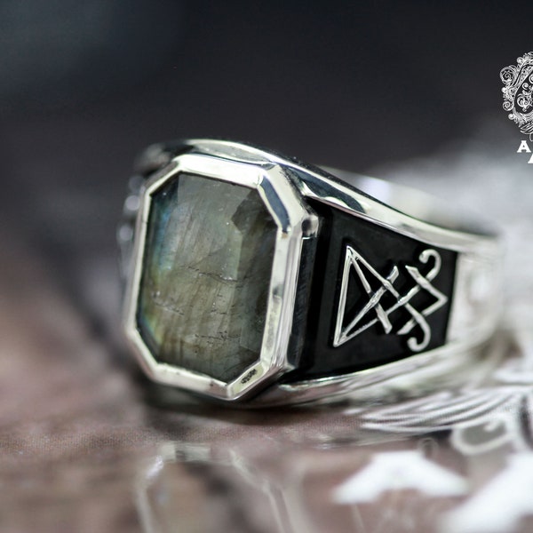 Sigil of Lucifer ring,labadorite ring,Lucifer Series Sterling Silver 925 Black