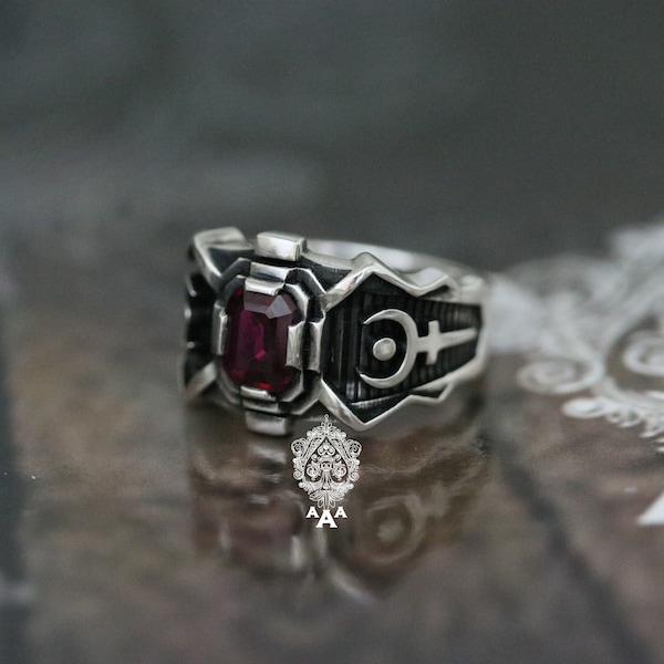 Hades ring Futuristic Hades ring Futuristic Design ring Sterling Silver 925 ring with Red CZ