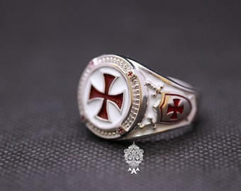 Red Cross Ring Knight Templar Cross Shield Enamel Ring Silver or Brass