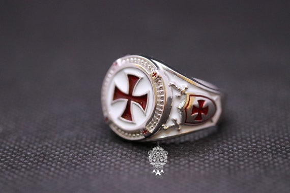Red Cross Ring Knight Templar Cross Shield Enamel Ring Silver or Brass