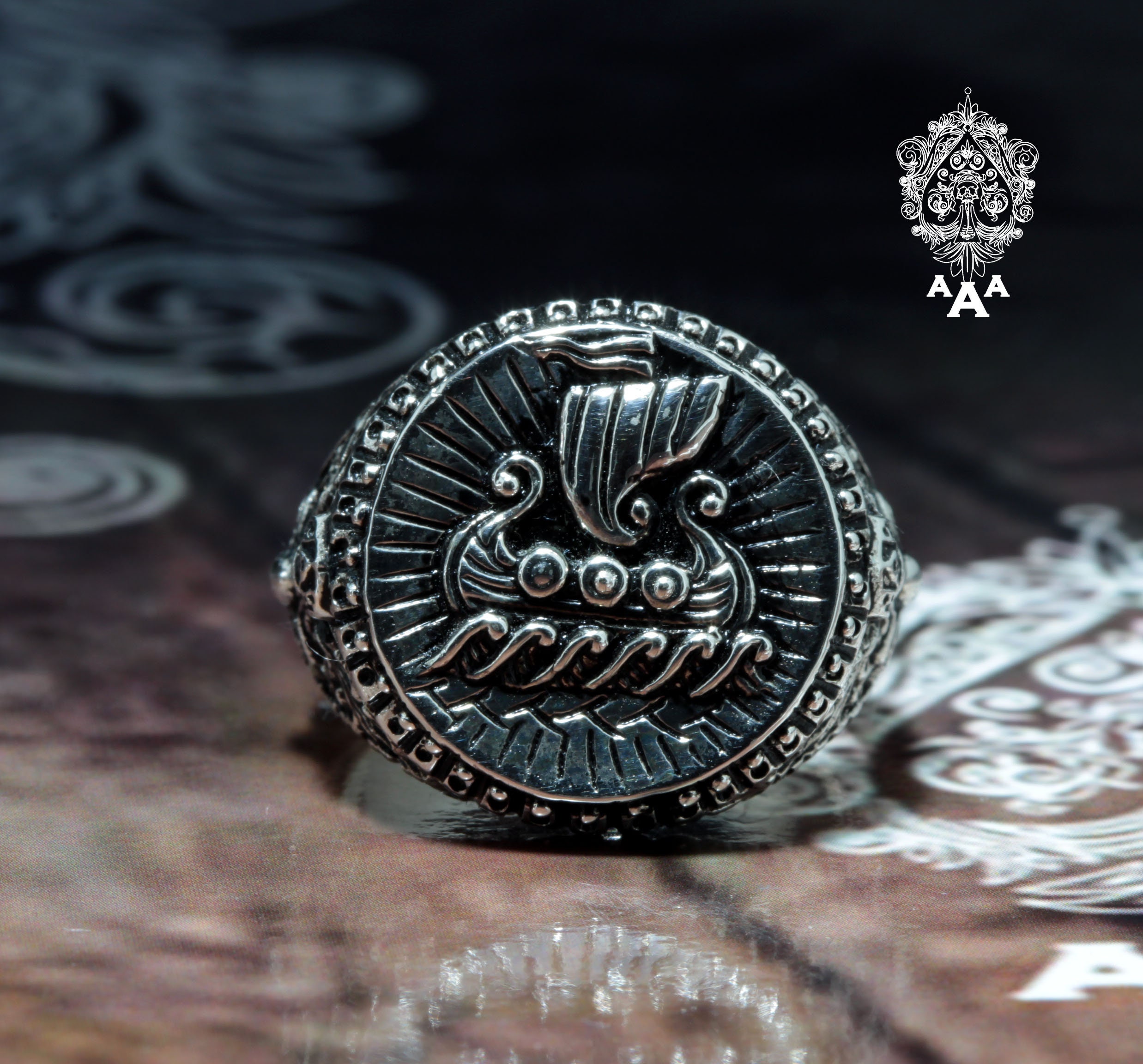 Drakkar Ring,Wikinger Schiff Ring,Drakkar Ring mit alten Wikinger,Wikinger Ring,Sterling Silber 925 Schwarz.