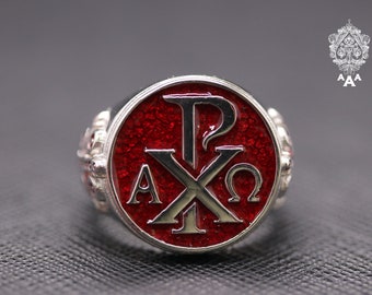 Alpha Omega Ring Silberring 925 Silberring Alpha Omega Ring Rote Emaille Chi Rho Ring
