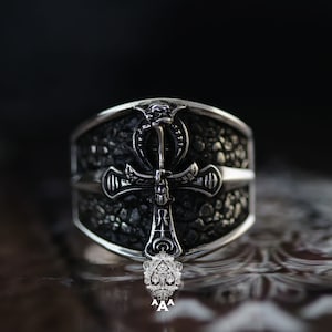 Anneau Ankh Key of Life, clé egypte rigg, Anneau égyptien Ankh, Bague en argent, Argent sterling 925 Noir.