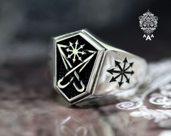 Sigil of Lucifer ring,Chaos star ring,Sterling Silver 925 Black.