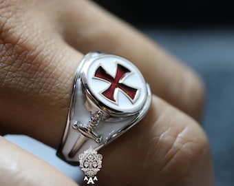 Red Cross Sword Ring Knight Templar Sword Corss Enamel Ring Silver or Brass