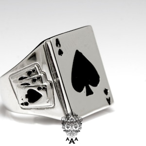Ace Card Ring, Triple Ace beside, Fashion Men&#39;s Silver Ring,925 Sterling Silver,Black Enamel White Gold Plated.
