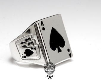 Ace Card Ring, Triple Ace beside, Fashion Men's Silver Ring,925 Sterling Silver,Black Enamel White Gold Plated.