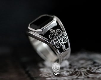 Exorcism ring,Onyx ring,Benedict Exorcism ring,Saint Benedict Exorcism Ring,Christian Roman Catholic Mens Ring , Sterling Silver 925 Ring.