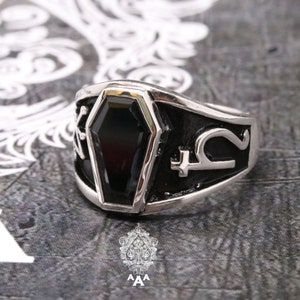 Zilveren Onyx-ring Doodskistvorm Onyx met AZAZEL- en SATURN-symbool Azazel-ring Saturnusring
