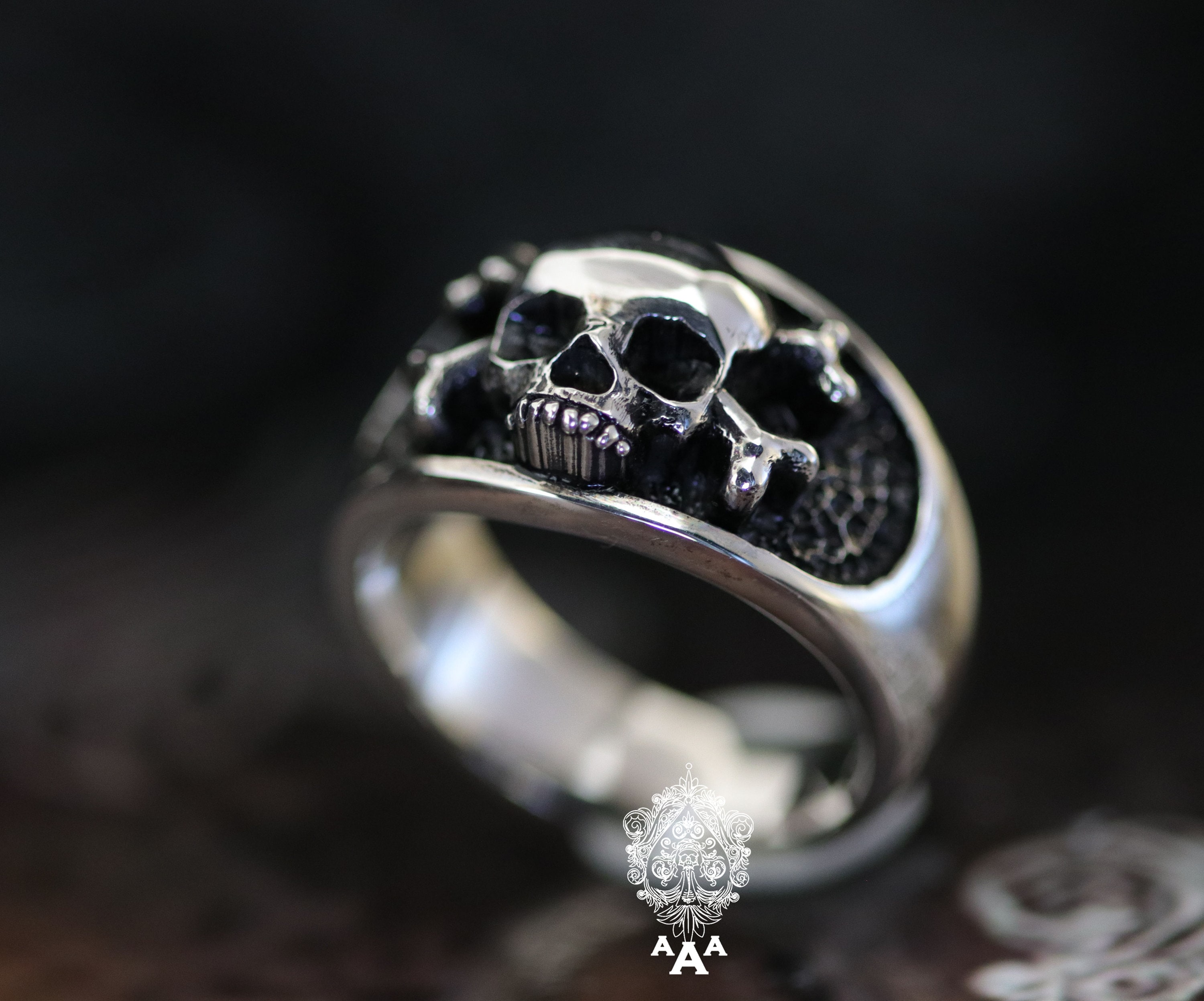 CZクロスボーン&パイレーツスカルリング ブラック 黒 シルバー