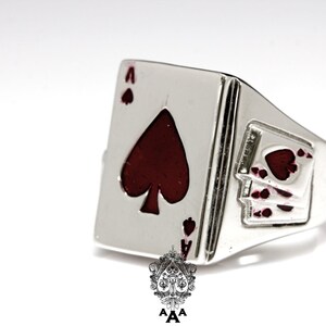 Ace Card Ring, Triple Ace beside, Fashion Men's Silver Ring,925 Sterling Silver,Red Enamel White Gold Plated. image 2
