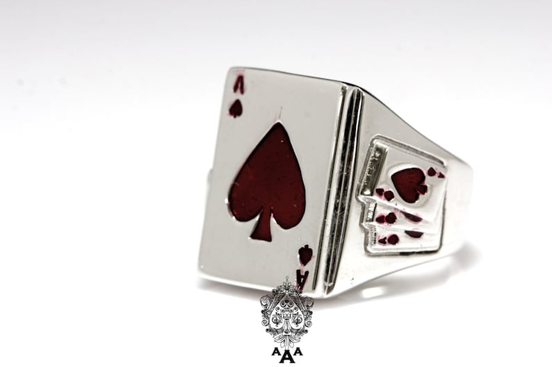 Ace Card Ring, Triple Ace beside, Fashion Men's Silver Ring,925 Sterling Silver,Red Enamel White Gold Plated. image 2