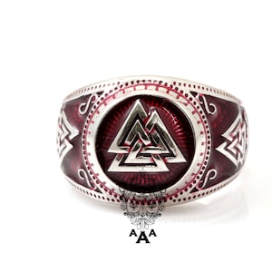 Valknut Viking Signet Ring, Plata Valknut Viking Ring Red Esmalte, Plata de Ley 925