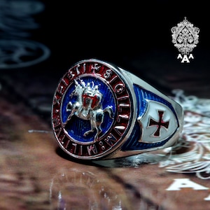 Anello con sigillo dei Cavalieri Templari in argento Sterling 925, smalto rosso, argento Sterling 925 o ottone