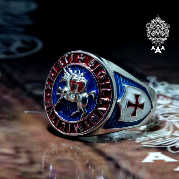 The Seal of Knights Templar Ring,Ring Sterling Silver 925,Red Enamel, Sterling Silver 925.