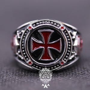 Silver Cross Ring Knight Templar Cross Ring Black Red Cross Ring Silver 925 Enamel color