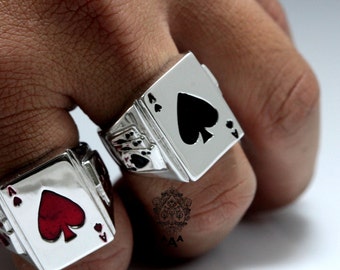 Ace Card Ring, Triple Ace beside, Fashion Men's Silver Ring,925 Sterling Silver,Black Enamel White Gold Plated.