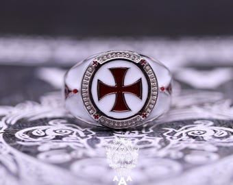 Cross Masonic Ring Red Cross Mason Compass Silver 925