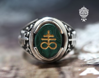 Satanic Cross Malachite Ring, Oxidized Sterling Silver