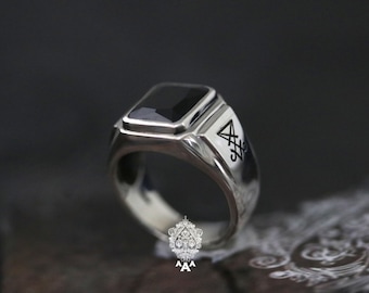 Anillo Sigilo de Lucifer Anillo de ónix, Anillo de plata de ónix Serie  Plata de ley 925 Negro