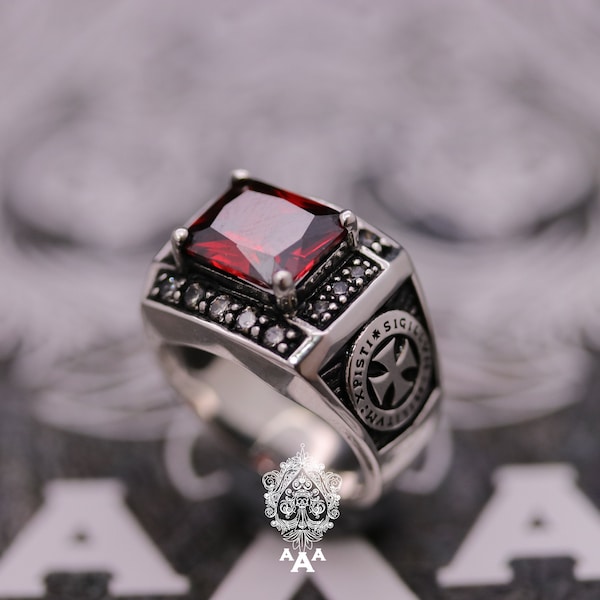 Anillo llamativo de piedra roja para hombre Anillo de plata Anillo llamativo de plata 925 con circonita roja
