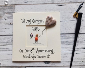 5th Anniversary card, Wife 5th wedding anniversary card, 5th Anniversary card for wife, Wood anniversary,  Fifth wedding pebble art card