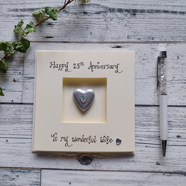 Silver wedding card for wife, Wife card for silver anniversary, 25th wedding anniversary card, Silver love heart card