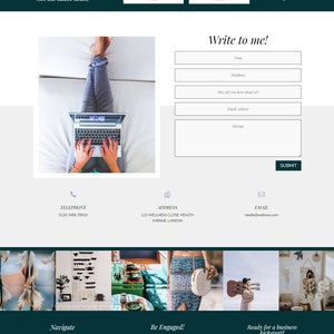 Puede incluir: Una p&aacute;gina de inicio de sitio web con un esquema de color verde y blanco. El sitio web presenta un formulario de contacto, un formulario de registro de bolet&iacute;n informativo y una secci&oacute;n con im&aacute;genes de una mujer trabajando en una computadora port&aacute;til. El texto en el sitio web incluye las palabras "Engage", "Connect", "Write to me", "Navigate", "Be Engaged" y "Ready for a business kickstart?"