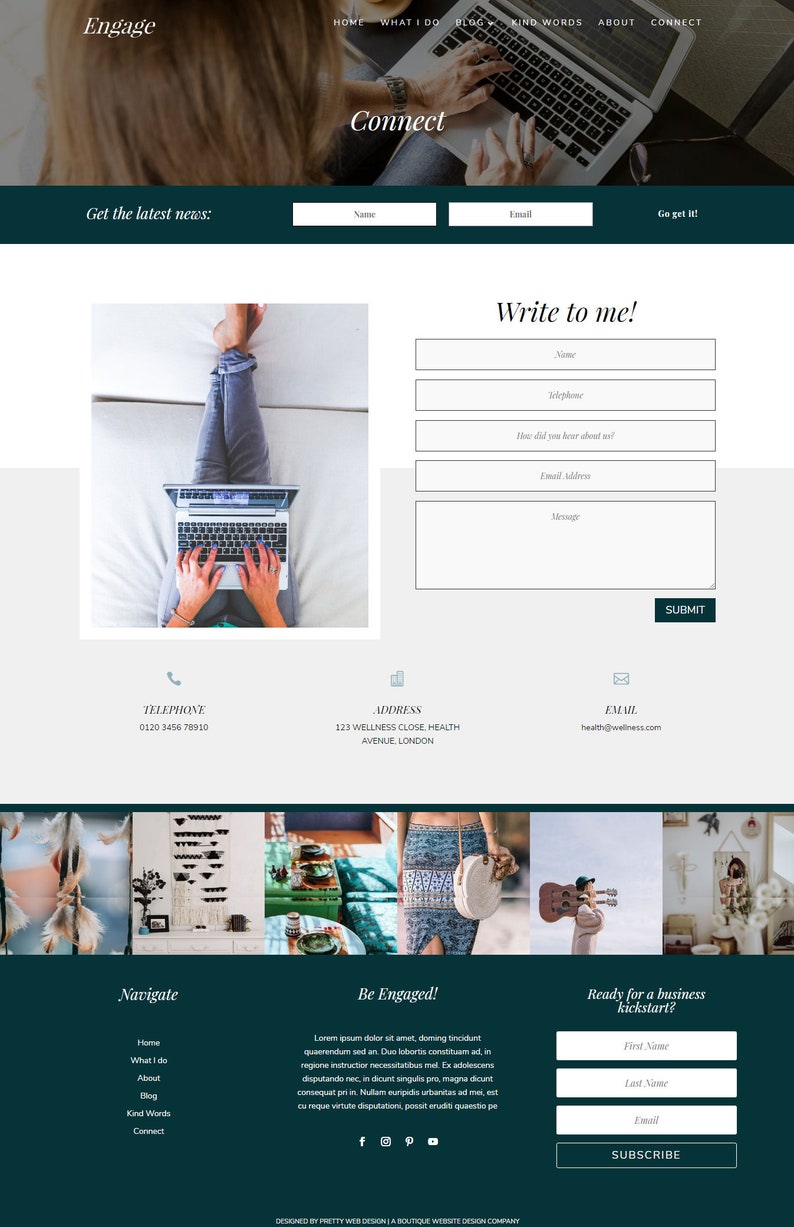 Puede incluir: Una p&aacute;gina de inicio de sitio web con un esquema de color verde y blanco. El sitio web presenta un formulario de contacto, un formulario de registro de bolet&iacute;n informativo y una secci&oacute;n con im&aacute;genes de una mujer trabajando en una computadora port&aacute;til. El texto en el sitio web incluye las palabras "Engage", "Connect", "Write to me", "Navigate", "Be Engaged" y "Ready for a business kickstart?"