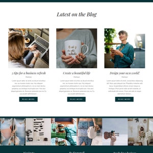 Puede incluir: Una p&aacute;gina de inicio de sitio web con una secci&oacute;n de blog que presenta tres art&iacute;culos: "5 consejos para actualizar un negocio", "Crea una vida hermosa" y "&iexcl;Dise&ntilde;a tu propio mundo!" Cada art&iacute;culo tiene una foto y una breve descripci&oacute;n. El sitio web tambi&eacute;n tiene una barra de navegaci&oacute;n con enlaces a "Inicio", "Qu&eacute; hago", "Acerca de", "Blog", "Palabras amables" y "Conectar". Hay una llamada a la acci&oacute;n para "Suscribirse" al blog.