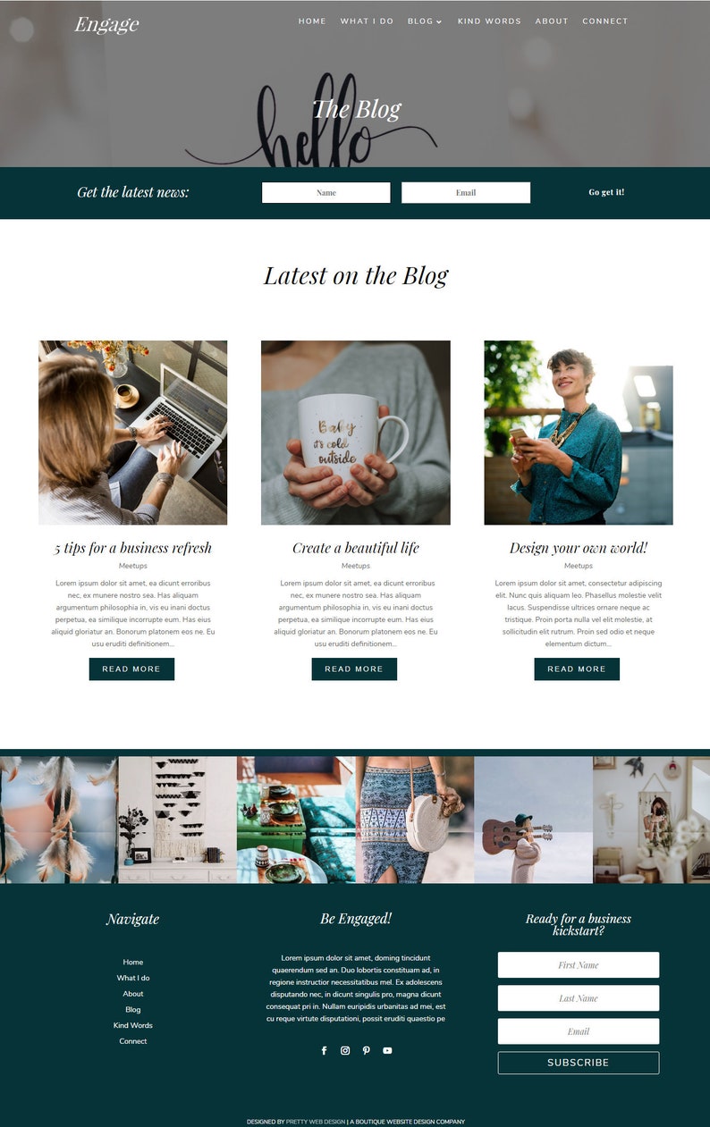 Puede incluir: Una p&aacute;gina de inicio de sitio web con una secci&oacute;n de blog que presenta tres art&iacute;culos: "5 consejos para actualizar un negocio", "Crea una vida hermosa" y "&iexcl;Dise&ntilde;a tu propio mundo!" Cada art&iacute;culo tiene una foto y una breve descripci&oacute;n. El sitio web tambi&eacute;n tiene una barra de navegaci&oacute;n con enlaces a "Inicio", "Qu&eacute; hago", "Acerca de", "Blog", "Palabras amables" y "Conectar". Hay una llamada a la acci&oacute;n para "Suscribirse" al blog.