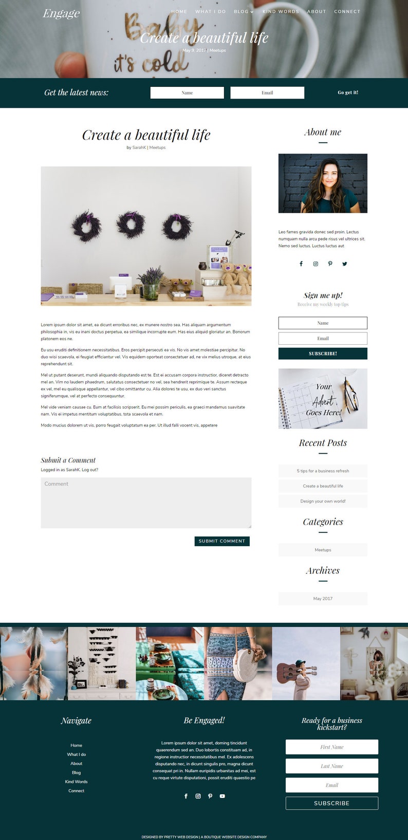 Puede incluir: Una entrada de blog titulada "Crea una vida hermosa" con una foto de tres coronas moradas colgadas en una pared blanca. La entrada del blog trata sobre crear una vida hermosa e incluye una secci&oacute;n de comentarios, publicaciones recientes, categor&iacute;as y archivos.