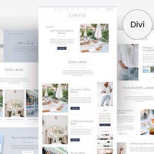 May include: A website homepage with the text "SAWYER" in a white font on a light blue background. The website features a blog with articles about how to have a life and a business, websites for free stock images, and the best affiliate programs. The website also includes a section about the website owner, who is a creative at heart.