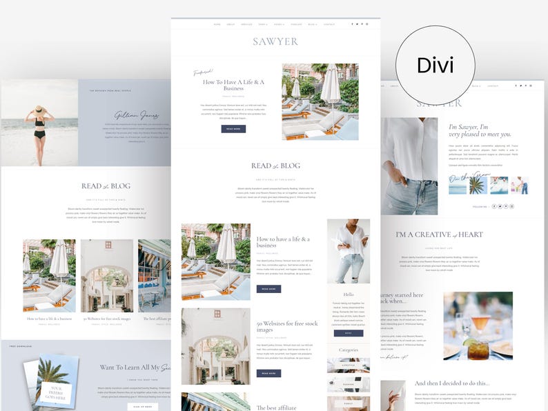 May include: A website homepage with the text "SAWYER" in a white font on a light blue background. The website features a blog with articles about how to have a life and a business, websites for free stock images, and the best affiliate programs. The website also includes a section about the website owner, who is a creative at heart.