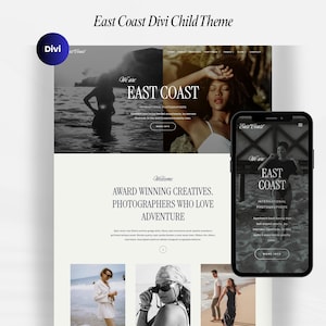 Puede incluir: Una maqueta de diseño web con el tema "East Coast". El diseño incluye una vista de escritorio y una vista de teléfono inteligente, mostrando un diseño limpio y moderno con fotografía en escala de grises y el texto "East Coast".