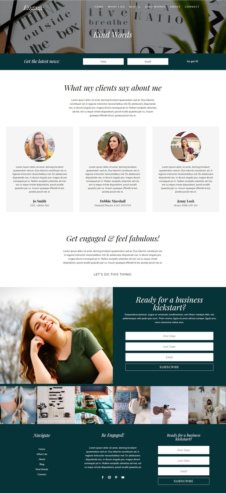 Puede incluir: Una p&aacute;gina de inicio de sitio web con un fondo verde y un texto blanco superpuesto. El texto dice "Think outside the box" y "Live, breathe, create Kind Words". El sitio web presenta una llamada a la acci&oacute;n para "Get the latest news" y una secci&oacute;n titulada "What my clients say about me".