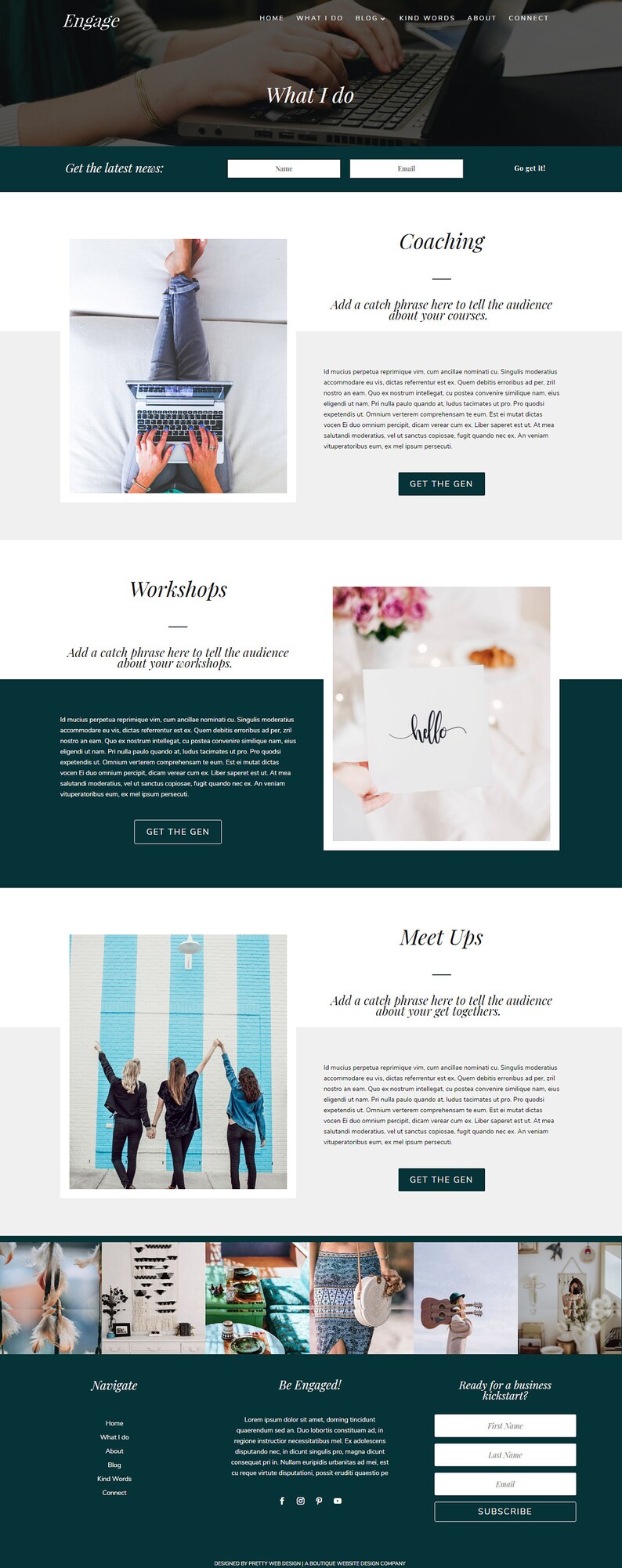 Puede incluir: Una p&aacute;gina de inicio de sitio web para un negocio llamado Engage. El sitio web presenta un esquema de color verde azulado y blanco e incluye secciones para coaching, talleres, reuniones y una llamada a la acci&oacute;n para suscribirse. El sitio web tambi&eacute;n incluye una barra de navegaci&oacute;n con enlaces a la p&aacute;gina de inicio, qu&eacute; hago, blog, palabras amables, acerca de y conectar.
