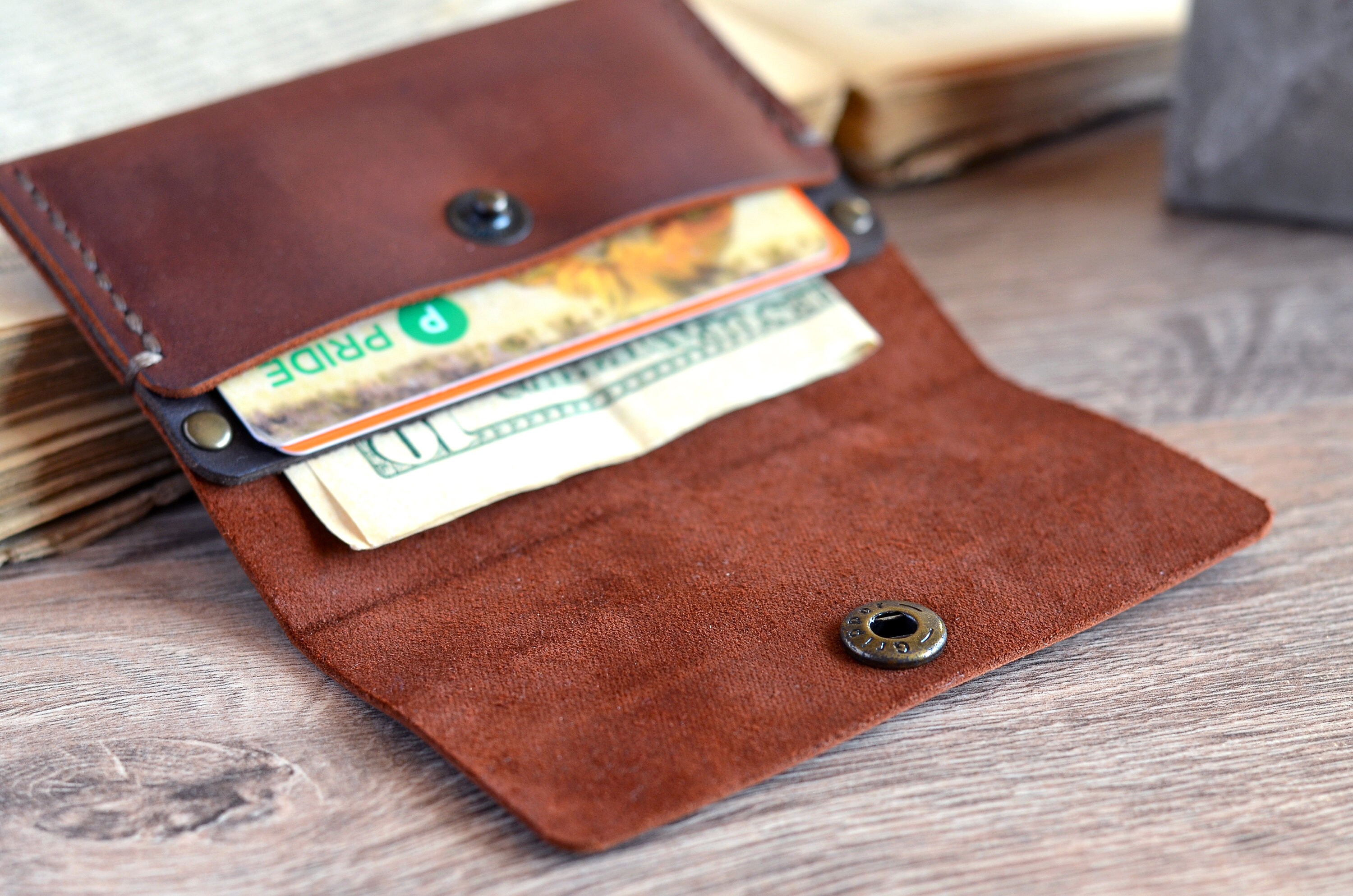 Personalized minimalist snap leather wallet Handmade front Etsy