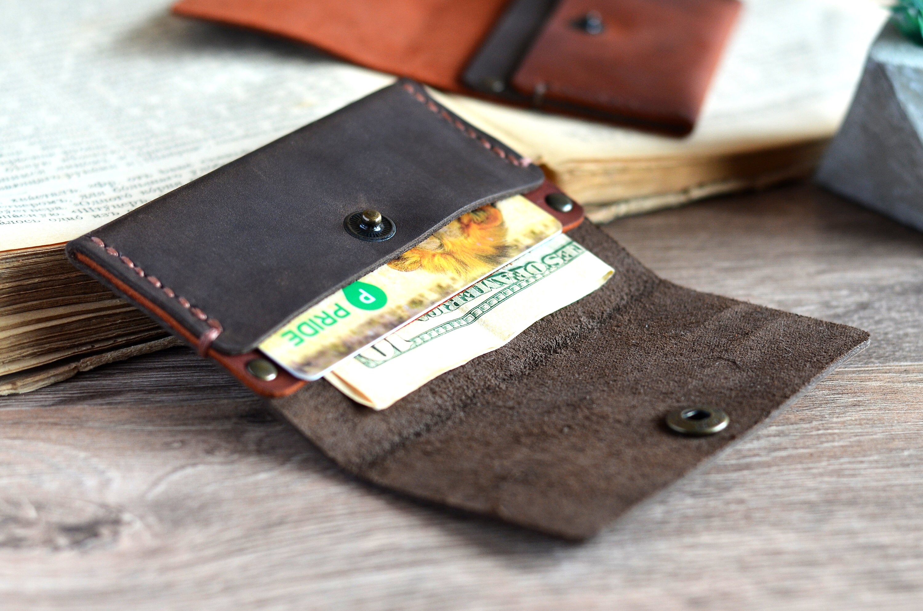 Personalized minimalist snap leather wallet Handmade front Etsy