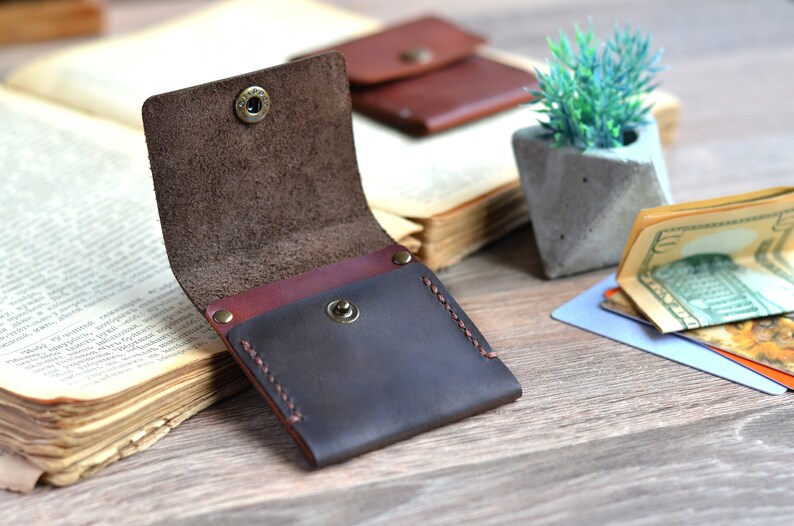 Personalized minimalist snap leather wallet Handmade front Etsy