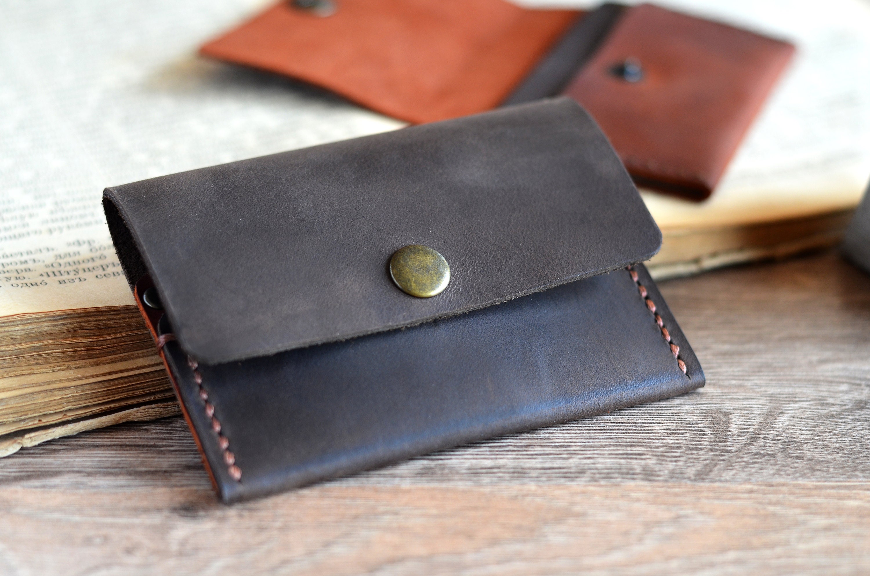 Personalized minimalist snap leather wallet Handmade front Etsy
