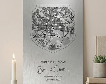 Personalized Aluminum Location Map: 10 Year Anniversary Gift for Him . Tin Custom Wall Art